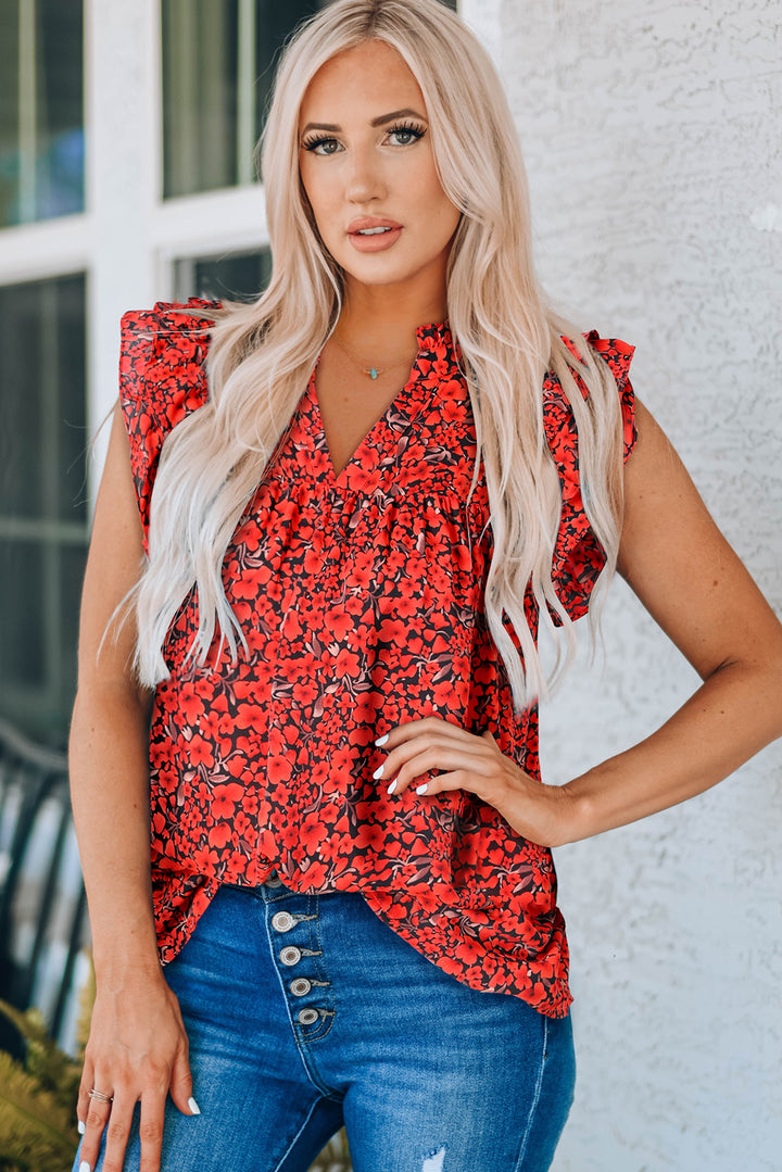 Floral Flutter Sleeve Notched Neck Blouse | Trendsi