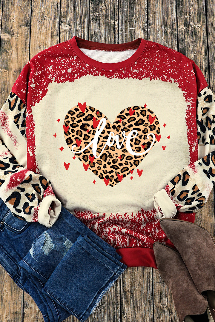 LOVE Heart Leopard Round Neck Sweatshirt | Trendsi