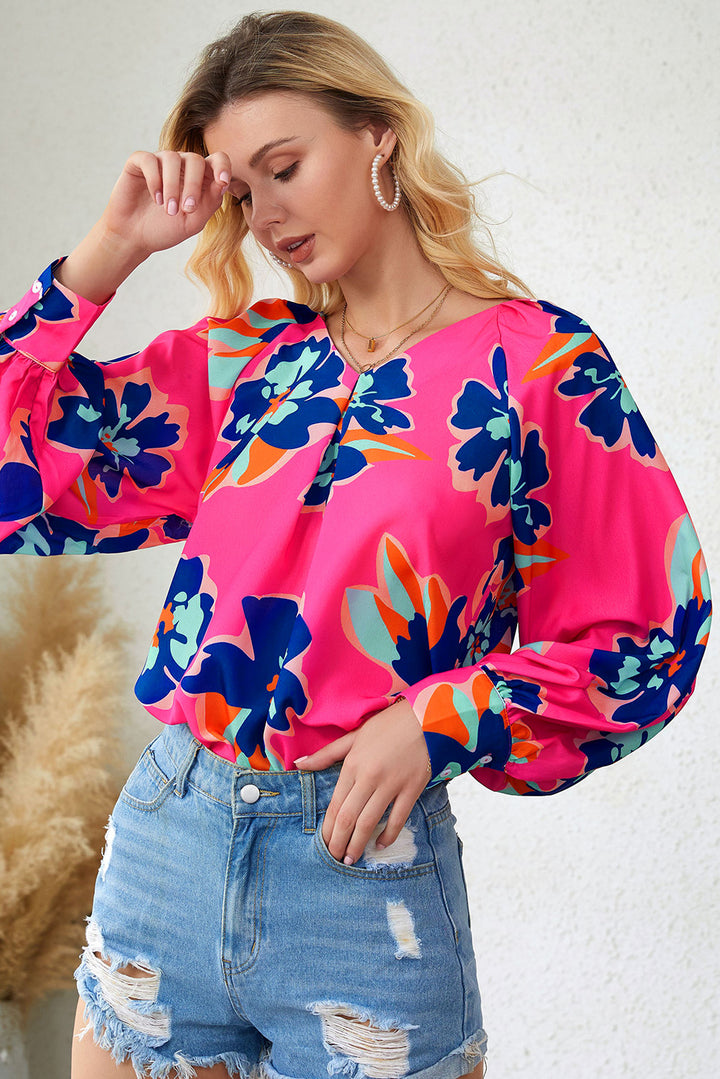 Floral Print V-Neck Lantern Sleeve Blouse | Trendsi