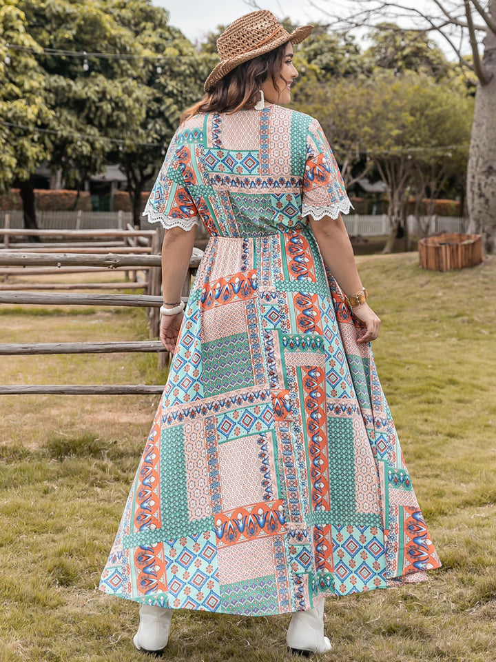 Plus Size Lace Detail Printed Half Sleeve Midi Dress | Trendsi