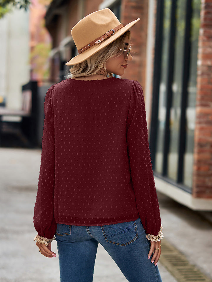 Swiss Dot V-Neck Long Sleeve Blouse | Trendsi