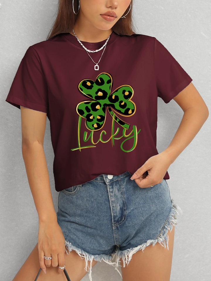 Lucky Clover Round Neck Short Sleeve T-Shirt | Trendsi