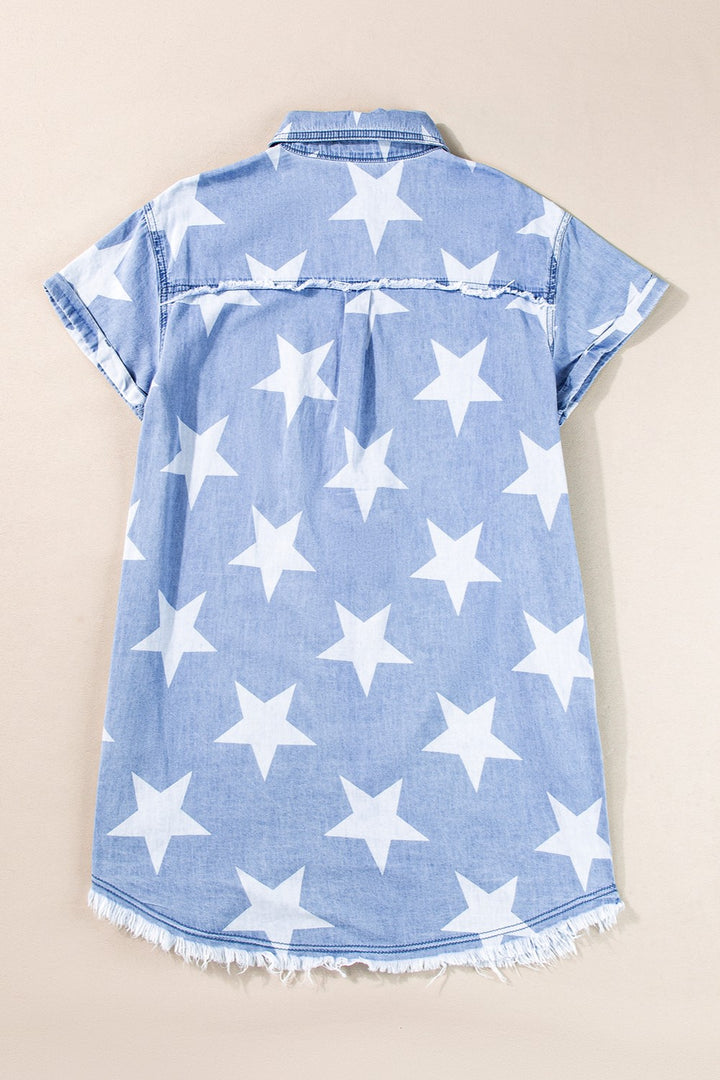 Raw Hem Star Short Sleeve Denim Dress | Trendsi