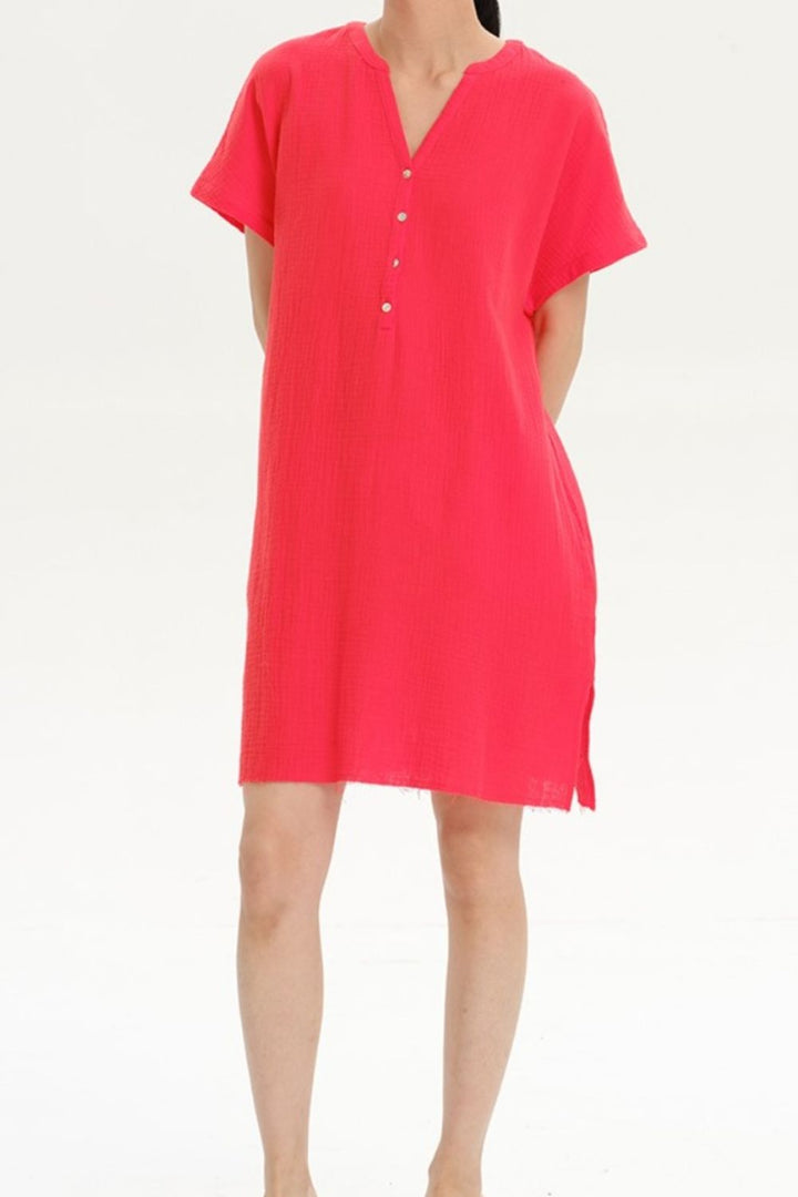 Slit Notched Short Sleeve Mini Dress | Trendsi