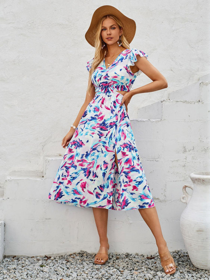 Cutout Slit Printed Cap Sleeve Dress | Trendsi