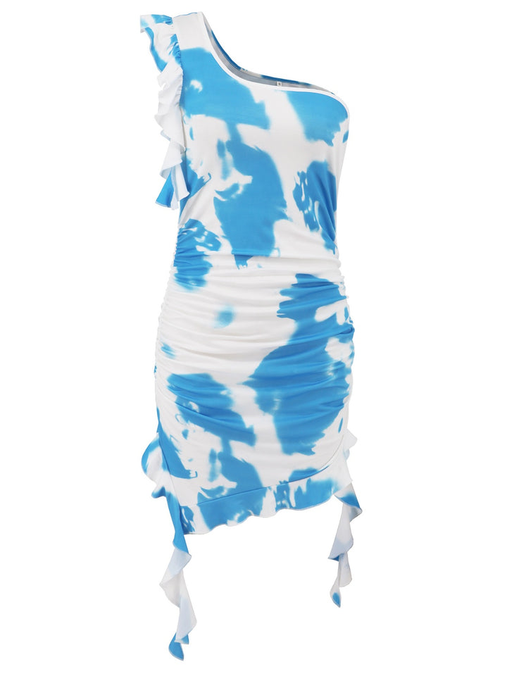 Ruffled Tie-Dye Single Shoulder Mini Dress | Trendsi