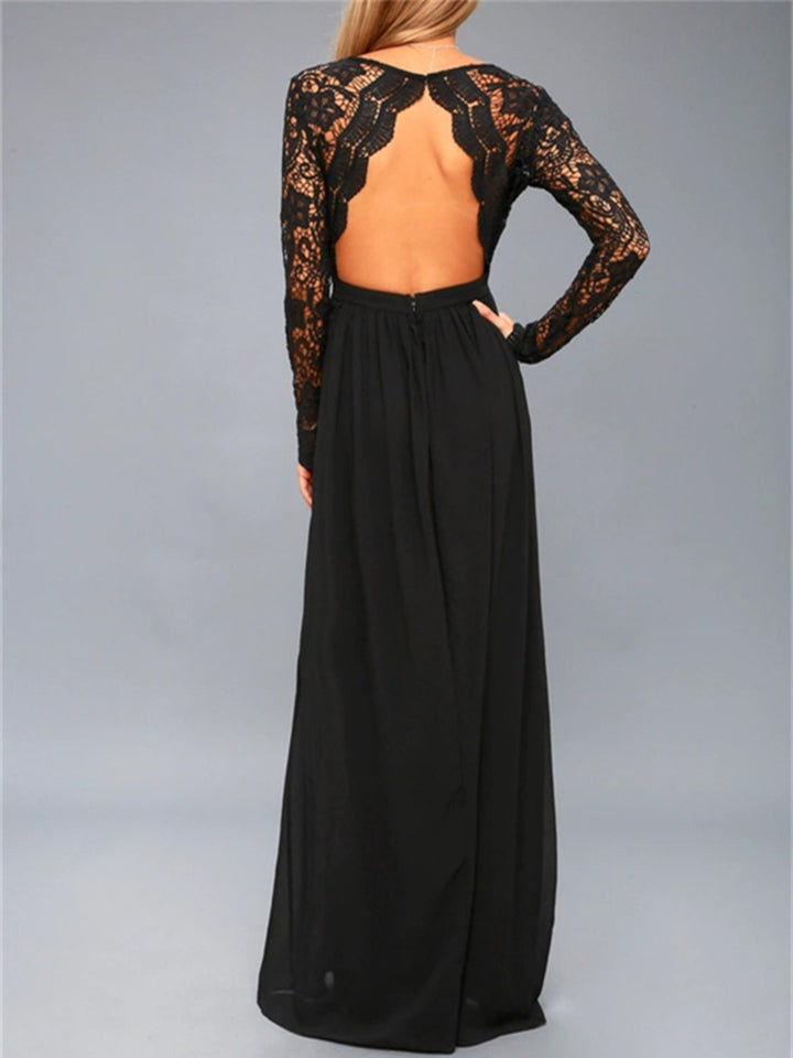 Lace Detail Backless Long Sleeve Maxi Dress | Trendsi