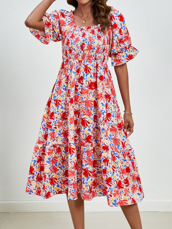 Smocked Floral Square Neck Short Sleeve Dress | Trendsi