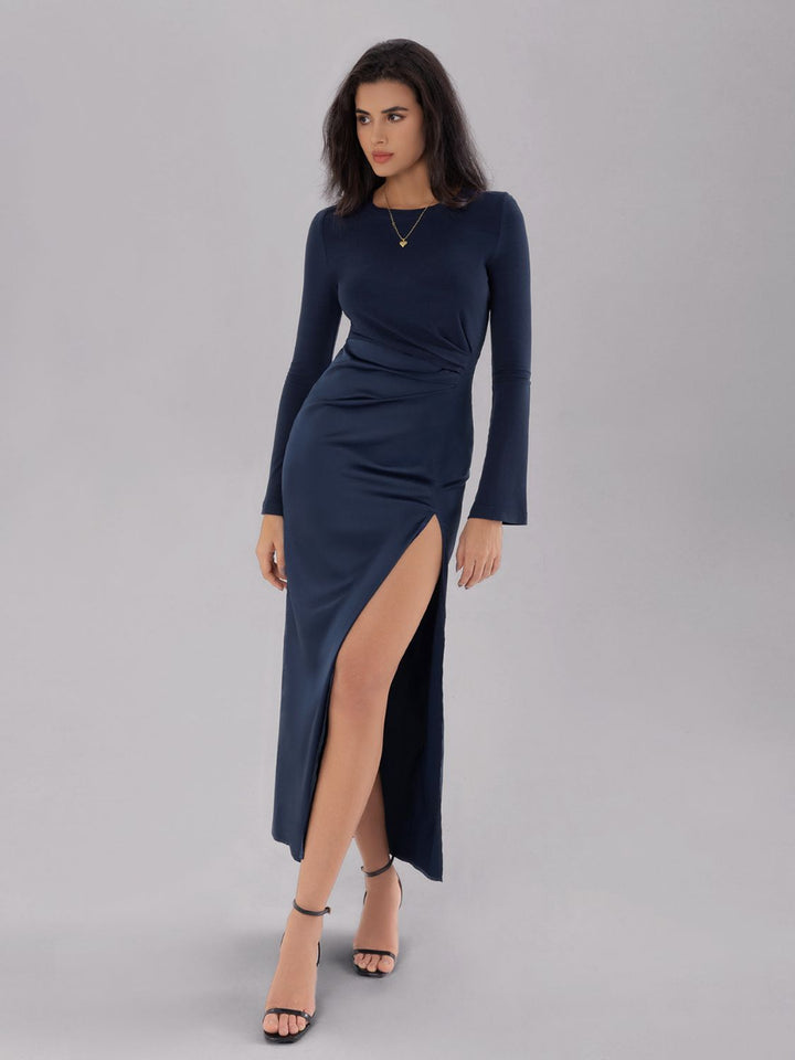 Split Round Neck Long Sleeve Midi Dress | Trendsi