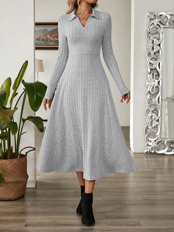 Ribbed Johnny Collar Long Sleeve Dress | Trendsi