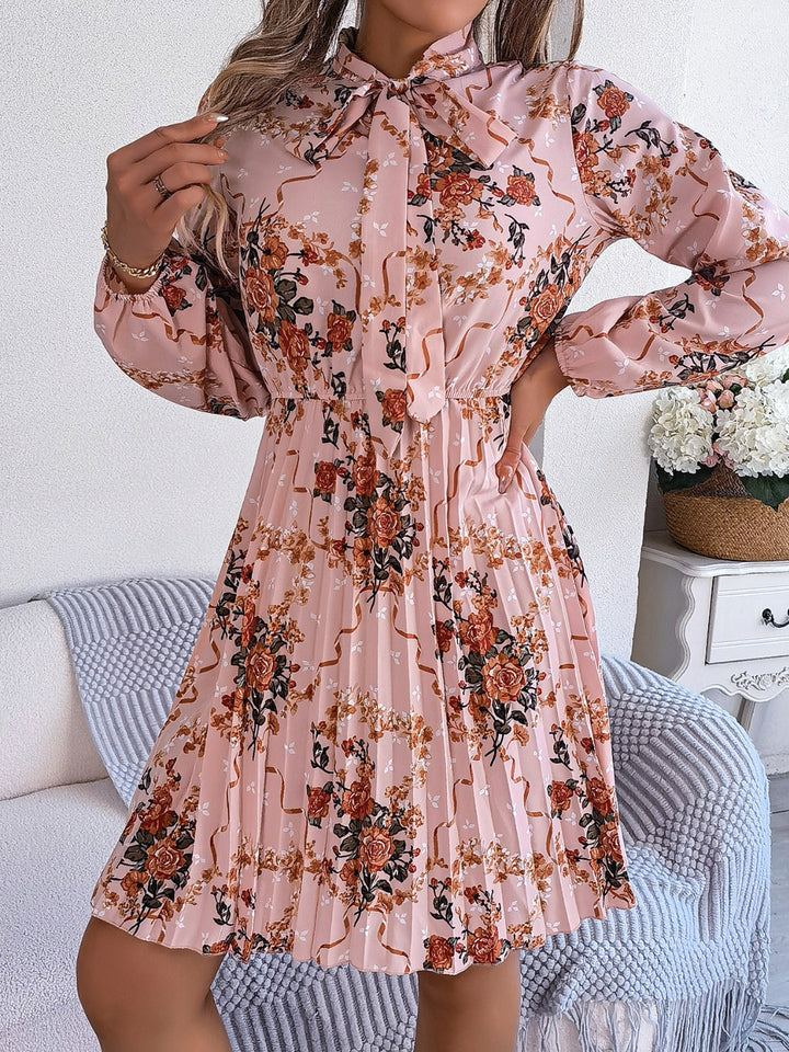 Pleated Printed Tie Neck Long Sleeve Dress | Trendsi