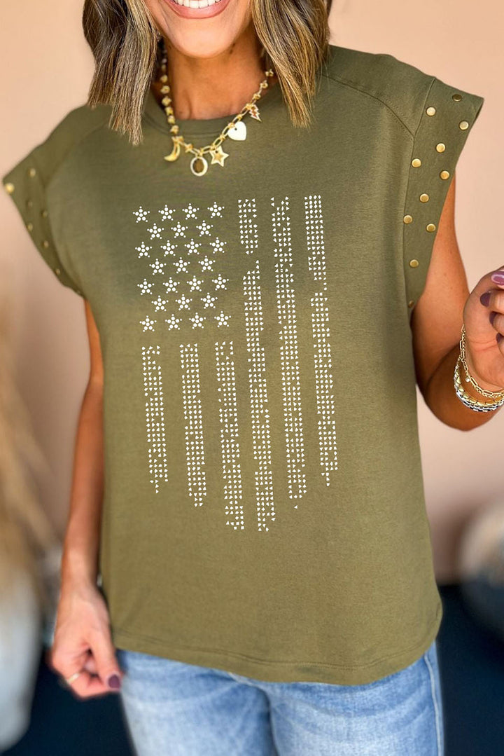 Rhinestone US Flag Round Neck Cap Sleeve T-Shirt | Trendsi