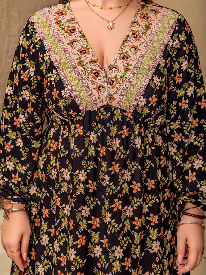 Plus Size Floral V-Neck Balloon Sleeve Dress | Trendsi