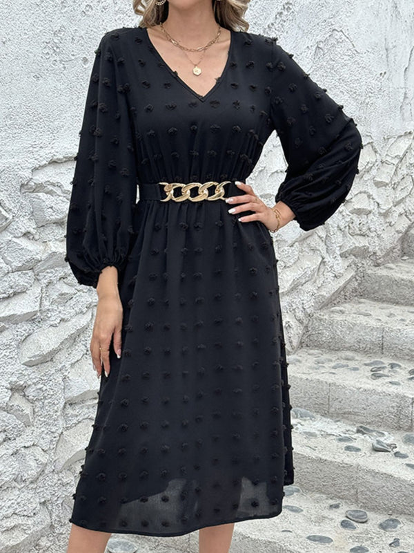 Full Size Swiss Dot V-Neck Long Sleeve Midi Dress | Trendsi