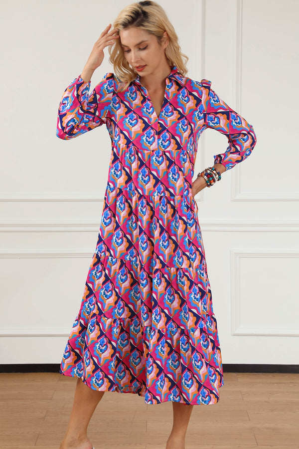 Printed Collared Neck Long Sleeve Midi Dress | Trendsi
