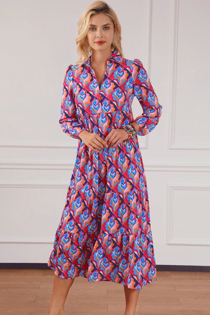 Printed Collared Neck Long Sleeve Midi Dress | Trendsi
