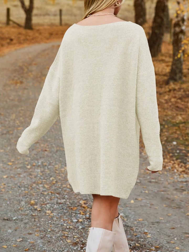 V-Neck Dropped Shoulder Sweater Dress | Trendsi