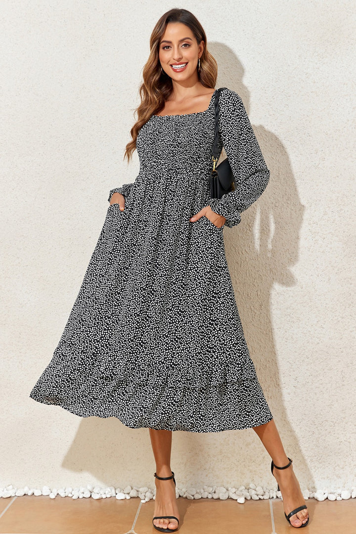 Printed Square Neck Long Sleeve Midi Dress | Trendsi