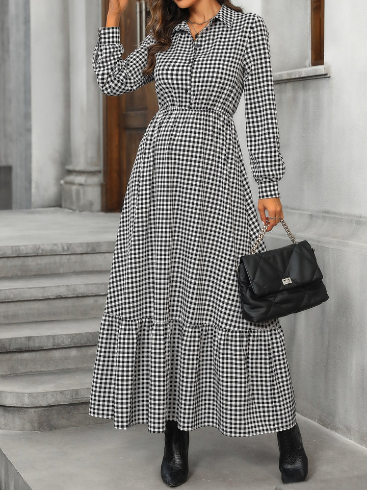 Ruffle Hem Plaid Long Sleeve Dress | Trendsi