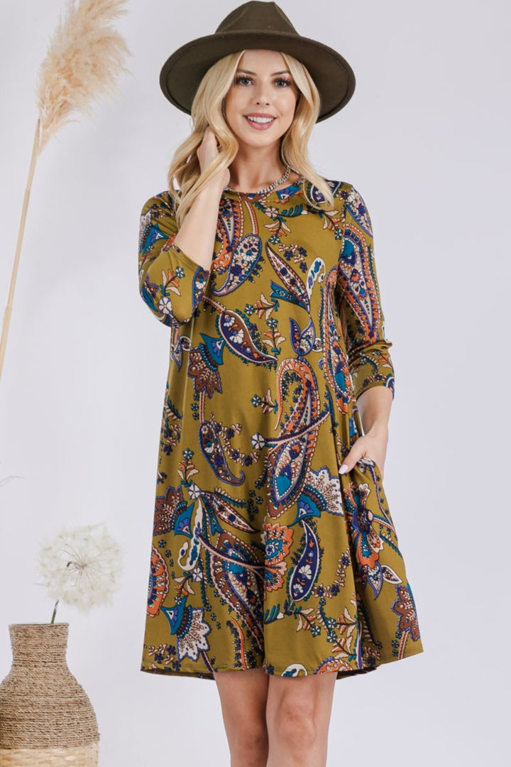 Celeste Full Size Paisley Print Round Neck Dress with Pockets | Trendsi