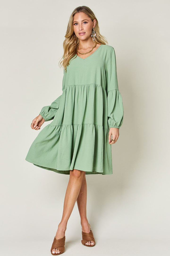 Double Take Full Size V-Neck Balloon Sleeve Tiered Dress | Trendsi