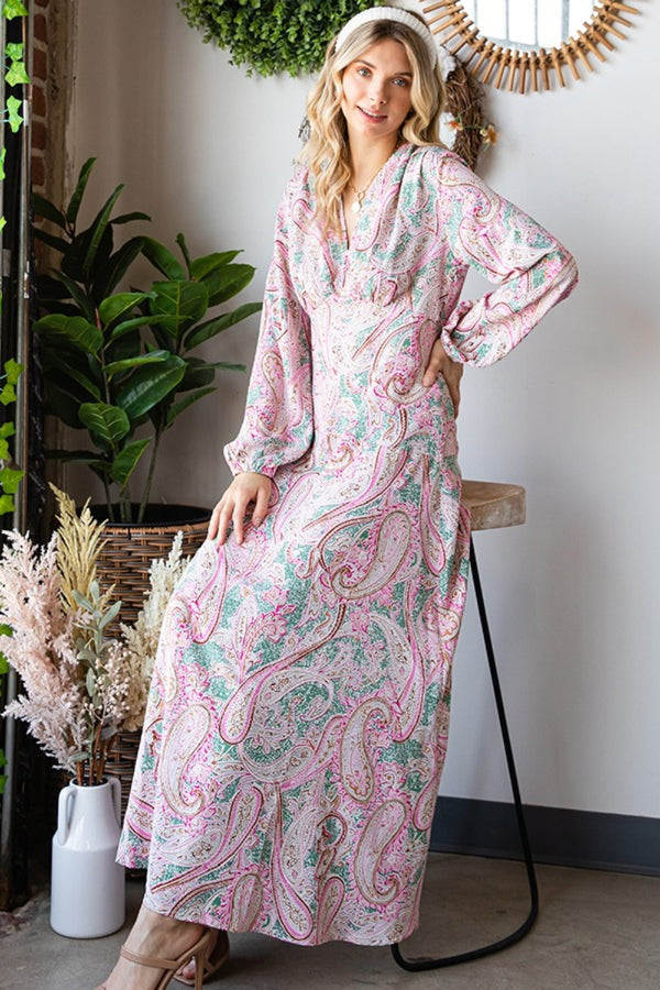 First Love Paisley Print Tie-Back Long Sleeve Maxi Dress | Trendsi