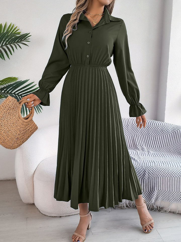 Pleated Half Button Long Sleeve Midi Dress | Trendsi