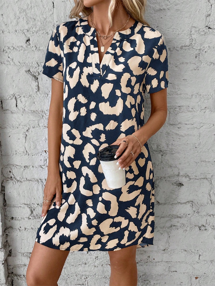 Printed Notched Short Sleeve Mini Dress | Trendsi