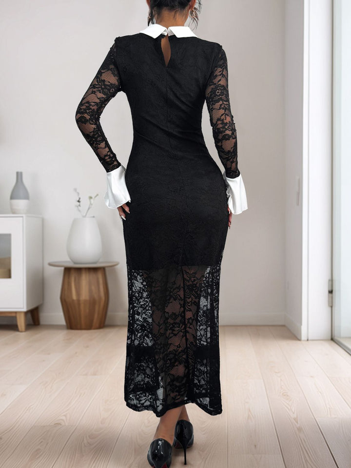 Perfee Lace Contrast Collared Neck Long Sleeve Midi Dress | Trendsi