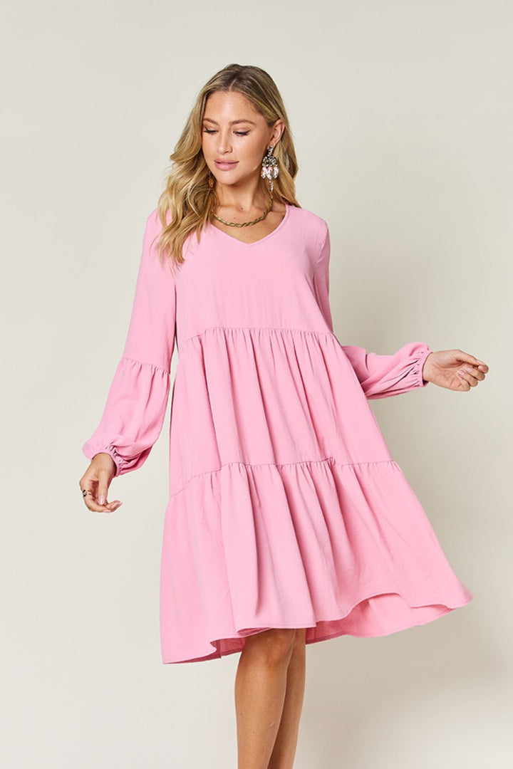 Double Take Full Size V-Neck Balloon Sleeve Tiered Dress | Trendsi