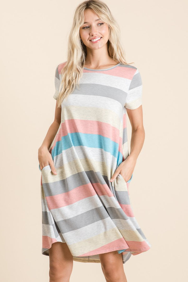 BOMBOM Striped Short Sleeve Dress with Pockets | Trendsi