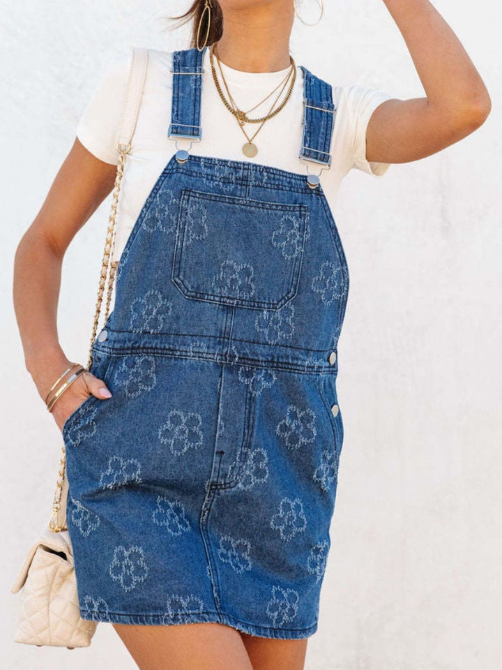 Flower Wide Strap Denim Overall Dress with Pockets | Trendsi