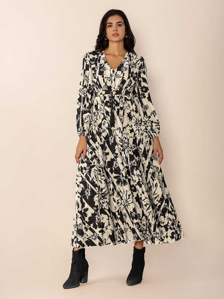 Tied Printed V-Neck Long Sleeve Midi Dress | Trendsi