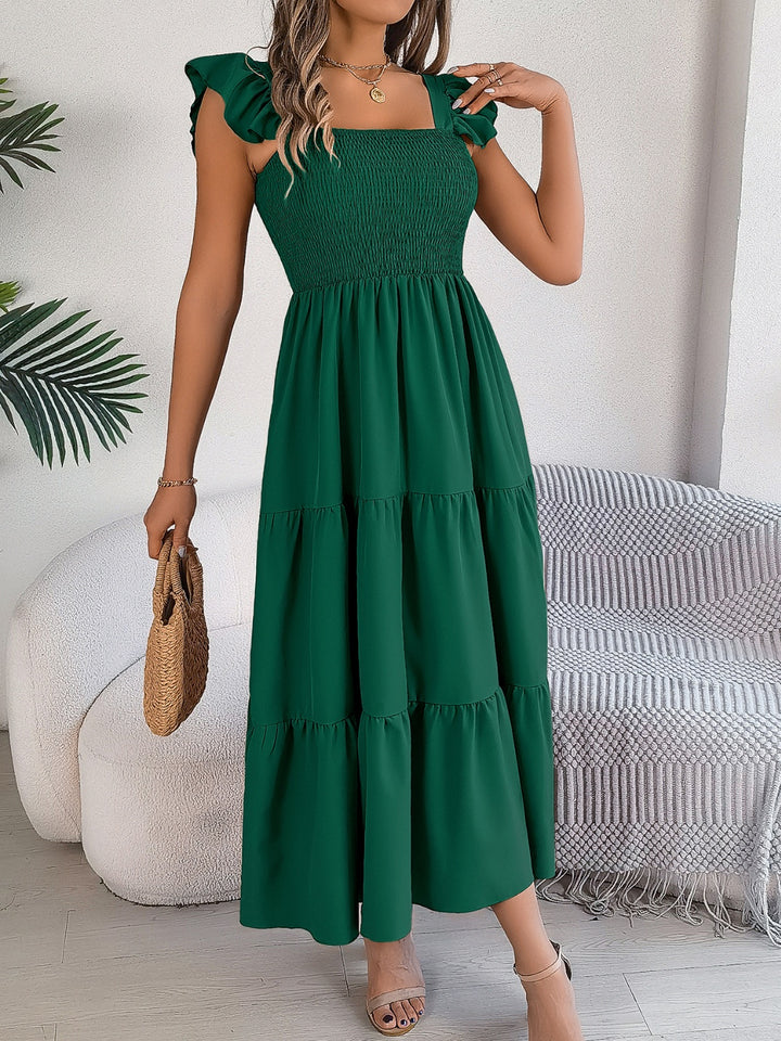 Smocked Square Neck Cap Sleeve Midi Dress | Trendsi