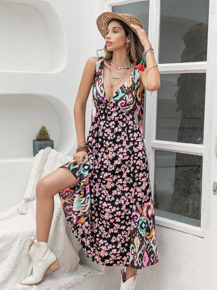 Printed Plunge Sleeveless Midi Dress | Trendsi