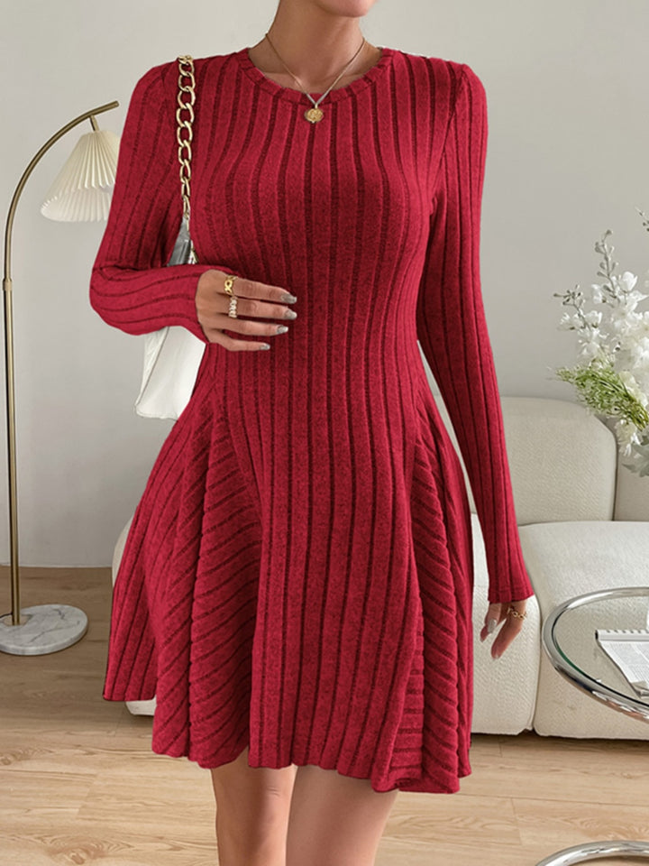 Ribbed Round Neck Long Sleeve Dress | Trendsi