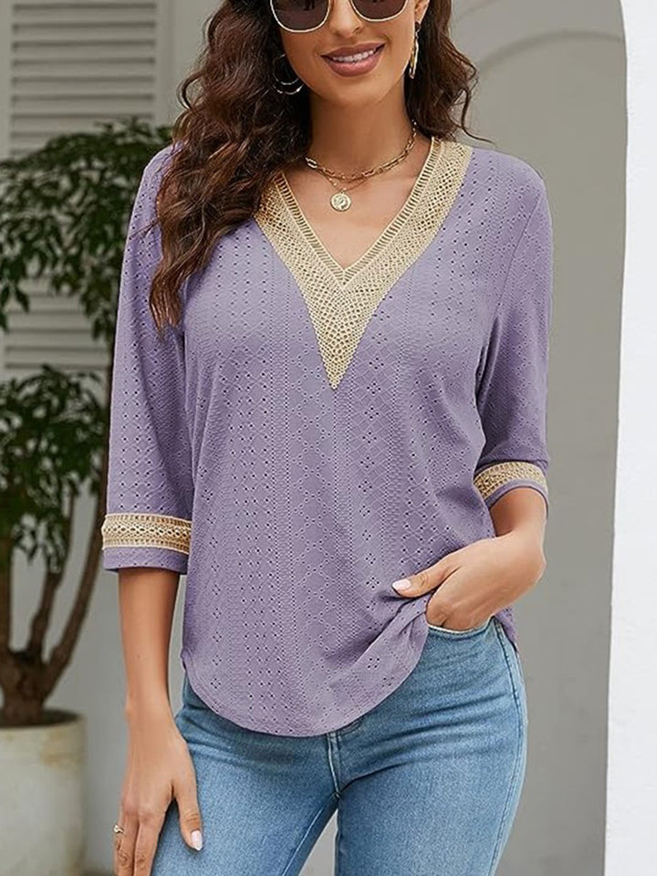 V-Neck Eyelet Blouse | Trendsi