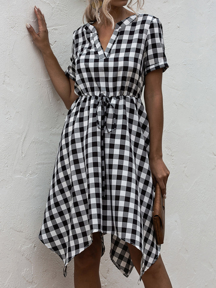 Plaid Notched Short Sleeve Dress | Trendsi