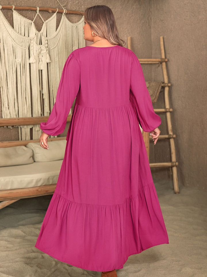 Plus Size Ruffled V-Neck Long Sleeve Dress | Trendsi