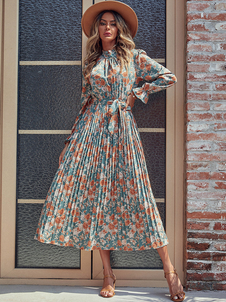 Perfee Tied Pleated Printed Mock Neck Long Sleeve Dress | Trendsi