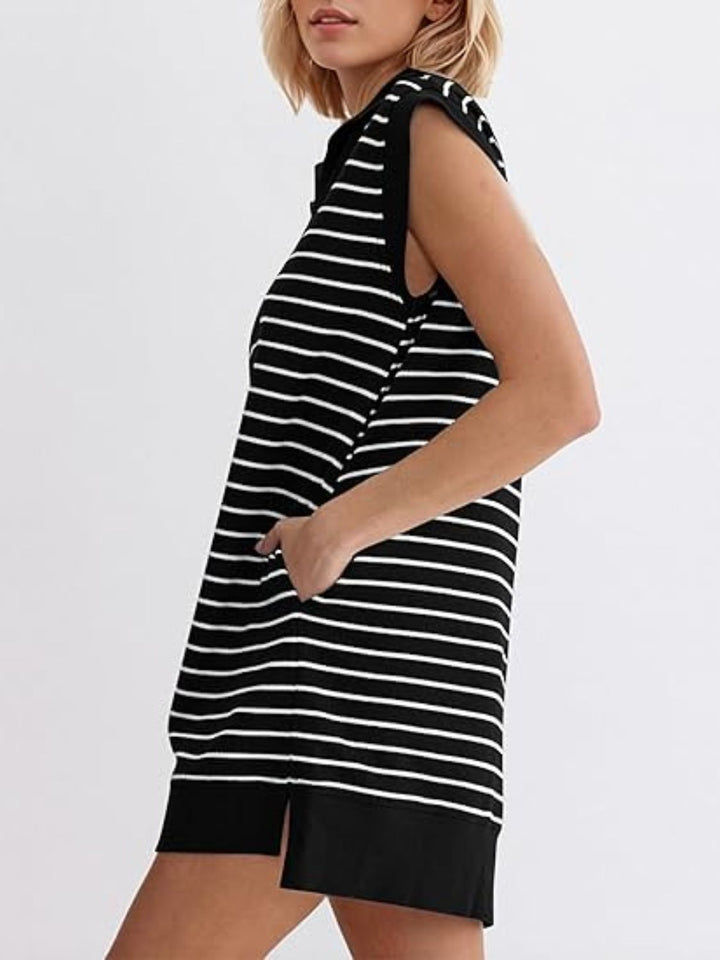 Full Size Pocketed Striped Quarter Zip Cap Sleeve Dress | Trendsi