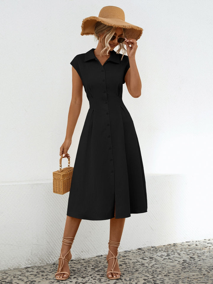 Button Up Cap Sleeve Midi Dress | Trendsi