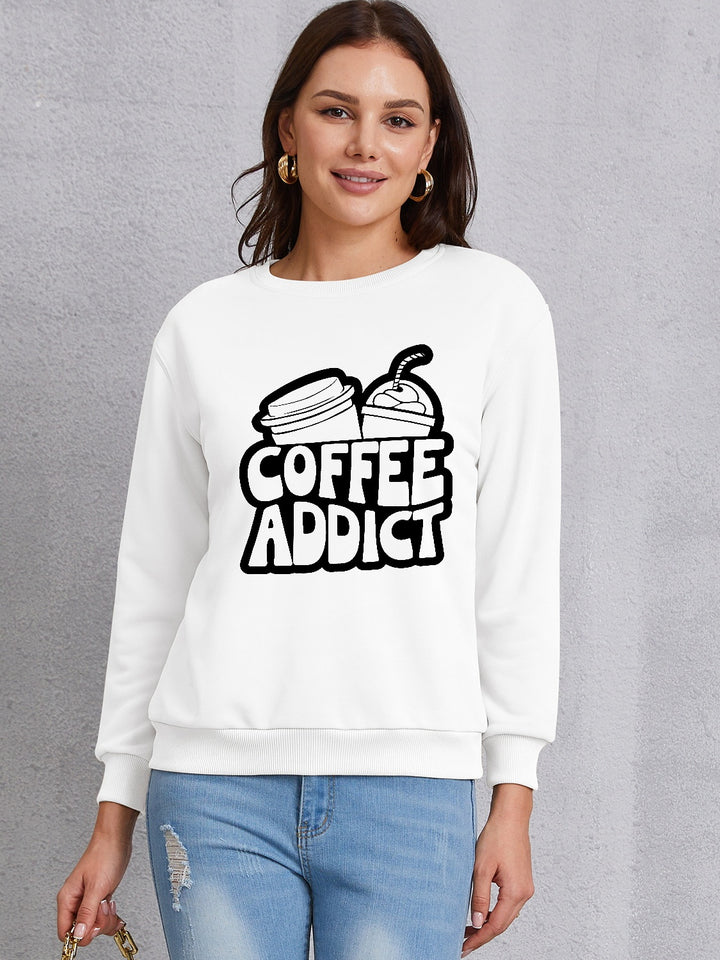 COFFEE ADDICT Round Neck Dropped Shoulder Sweatshirt | Trendsi