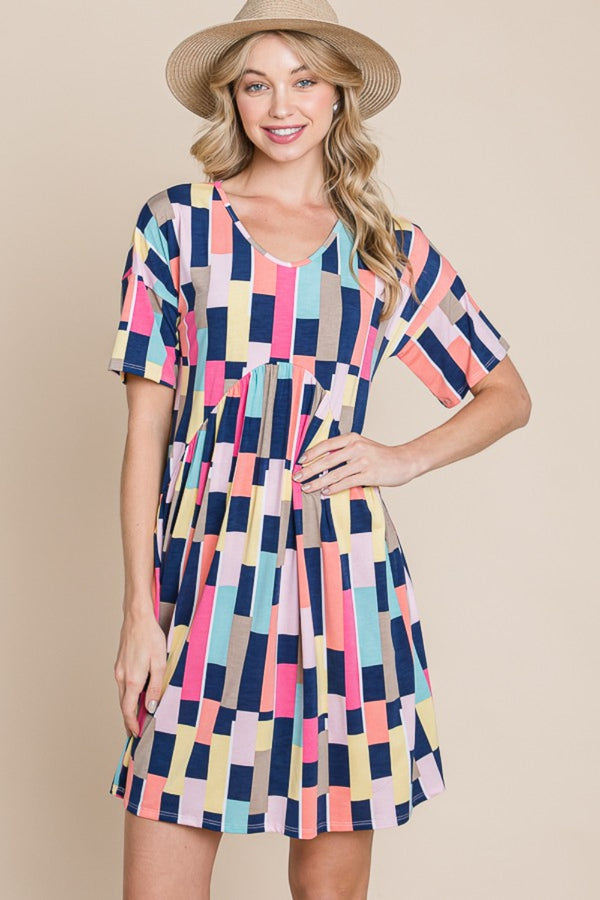 BOMBOM Ruched Color Block Short Sleeve Mini Dress | Trendsi