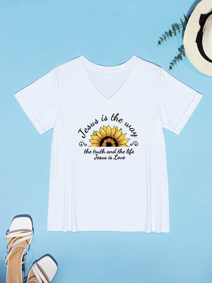 Sunflower V-Neck Short Sleeve T-Shirt | Trendsi