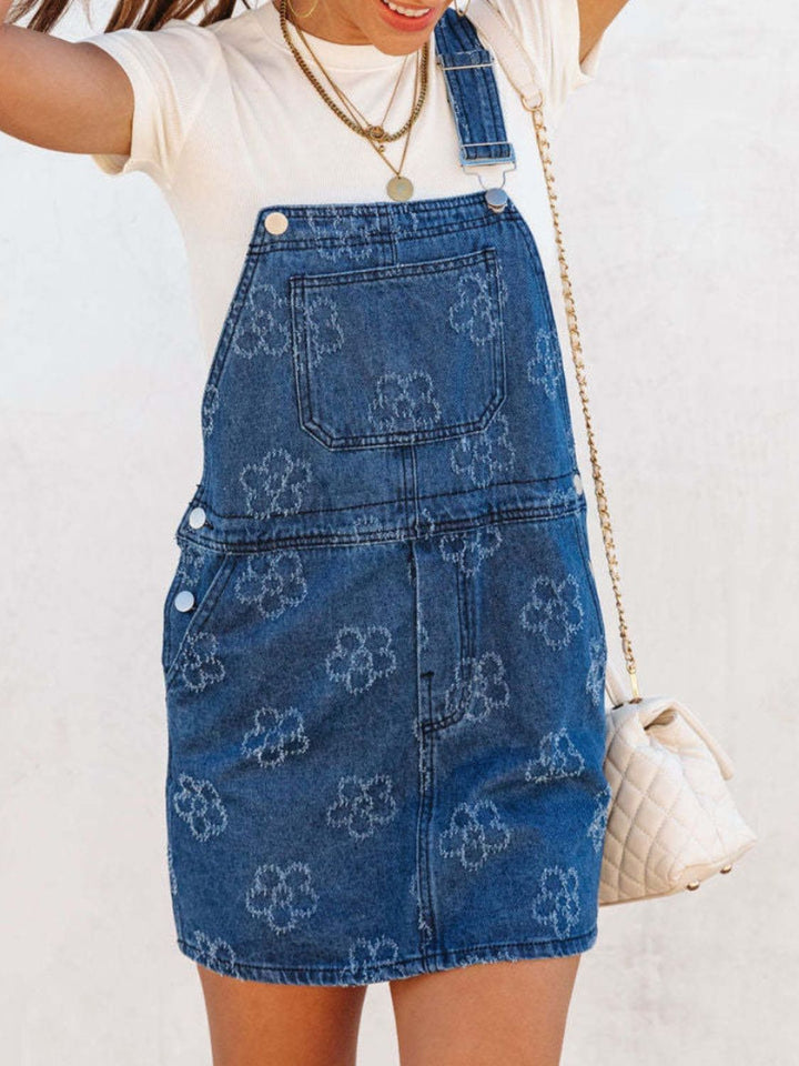 Flower Wide Strap Denim Overall Dress with Pockets | Trendsi