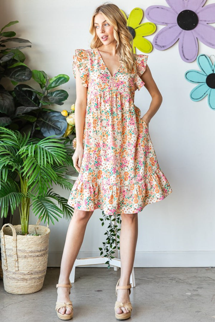 Heimish Full Size Floral Ruffled V-Neck Dress | Trendsi