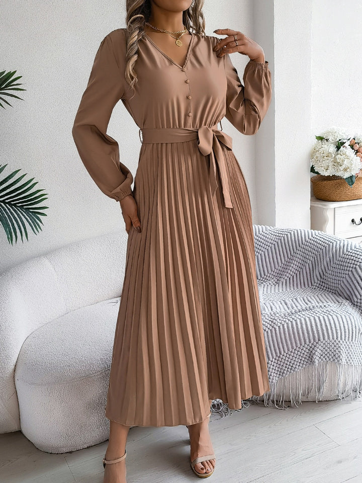 Pleated Tied V-Neck Long Sleeve Dress | Trendsi