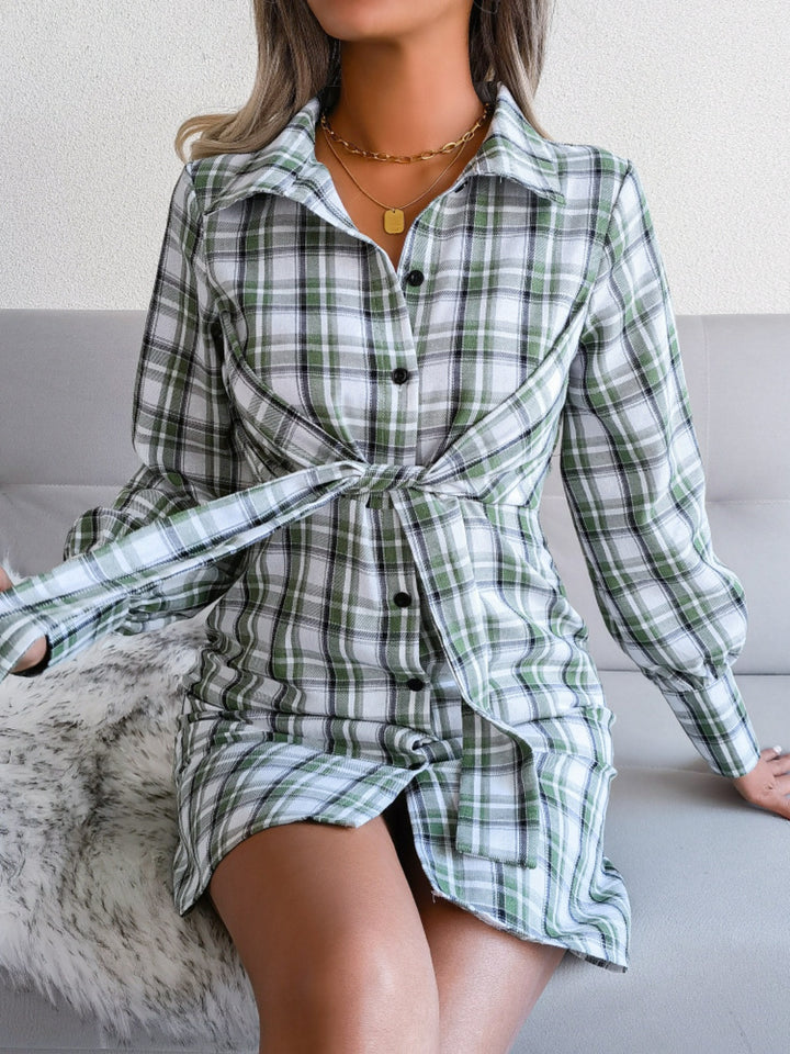 Tied Plaid Long Sleeve Mini Shirt Dress | Trendsi