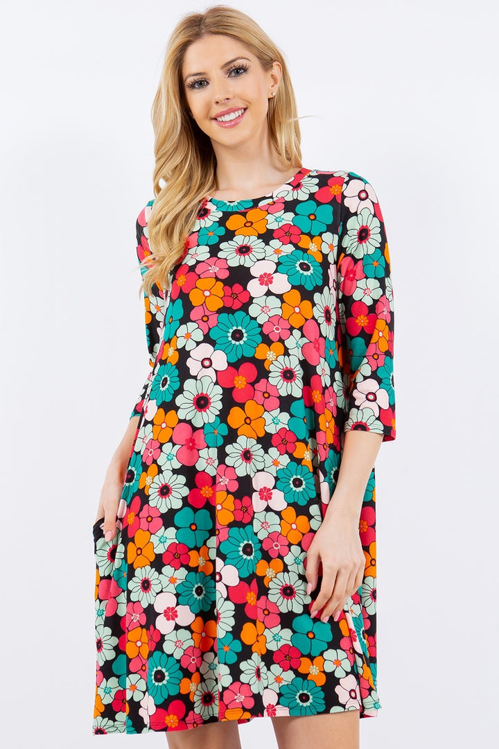 Celeste Full Size Floral Three-Quarter Sleeve Dress with Pockets | Trendsi